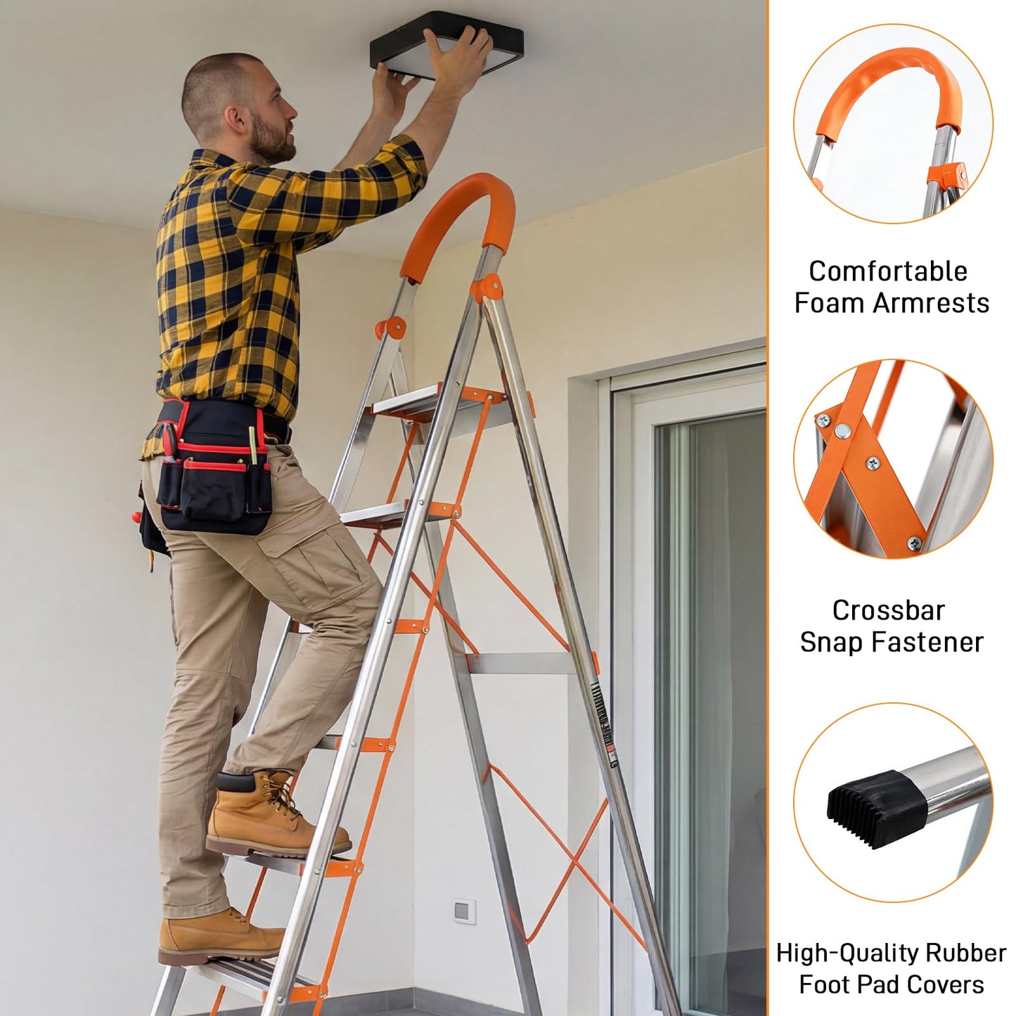 8 Step Ladder, 330lbs Load Capacity, Carbon Steel Step Stool with Non-Slip and Widen Pedals, Step Ladder with Safe Handrail, Space Saving for Home, Kitchen, Indoor & Outdoor