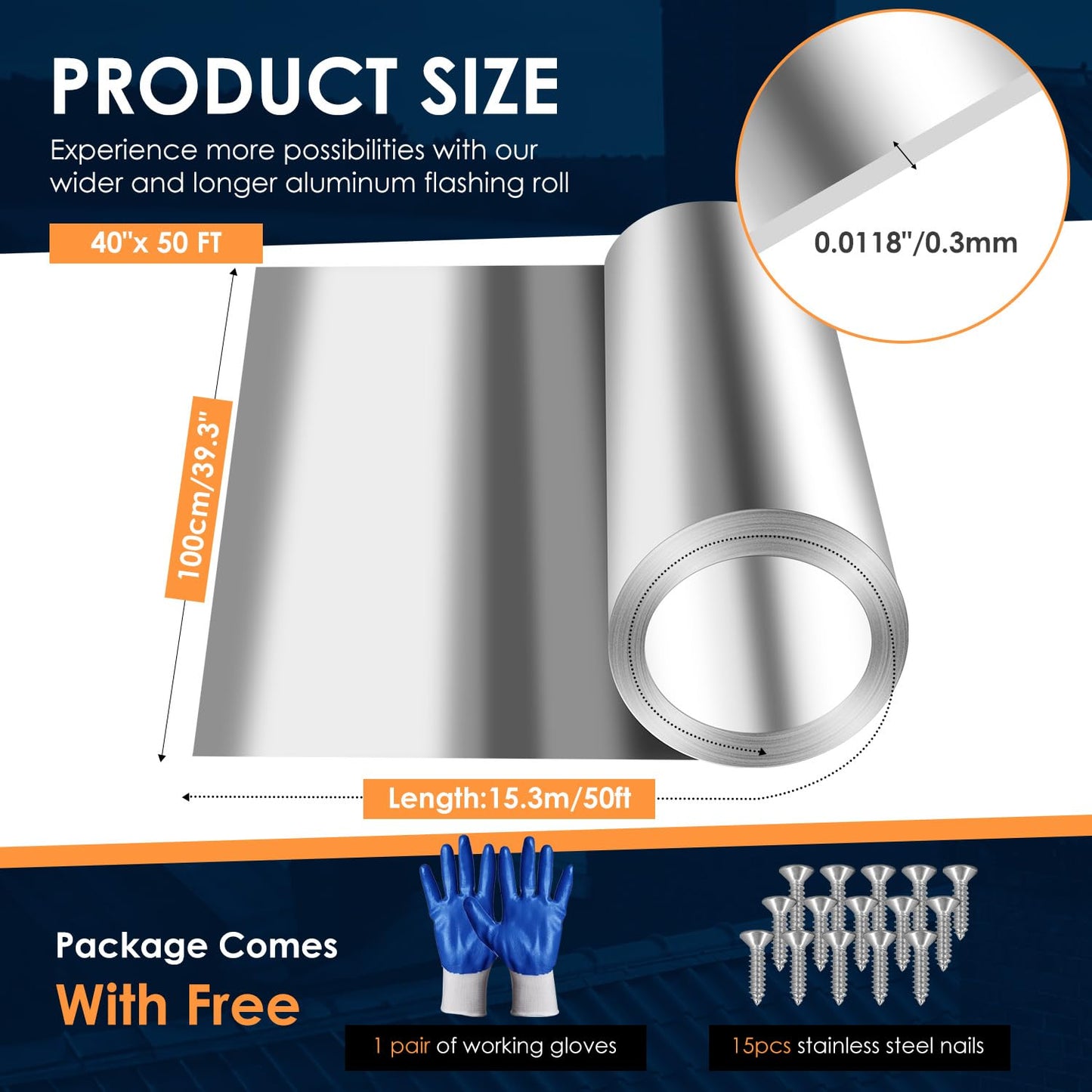 Aluminum Flashing Roll Roof Flashing – 40 Inch x 50 Ft | 0.3mm Thick Metal Roof Flashing for Windows, Doors, Siding, and Roofing Seals, Aluminum Roof Panels Preventing Roofing Stains and Moss