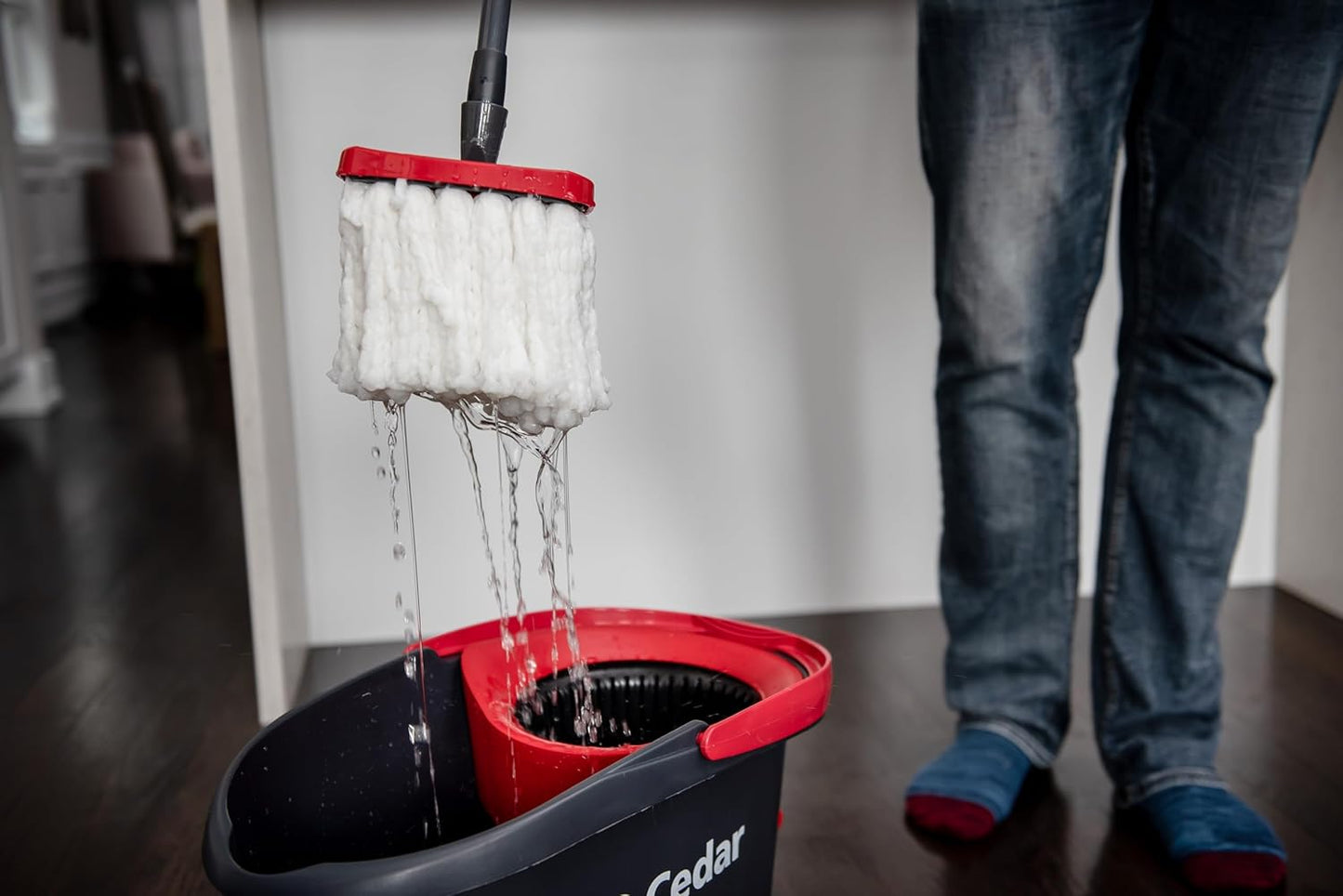 O-Cedar EasyWring Microfiber Spin Mop - Efficient Floor Cleaning System with 2 Extra Refills | Red/Gray
