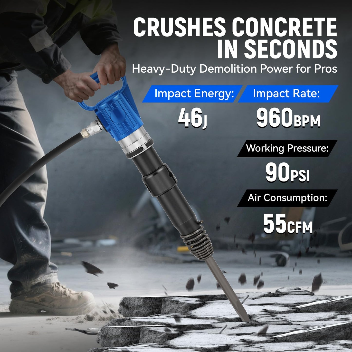 Newhai Pneumatic Hammer Shovel 46J Heavy-Duty Air Chisel Industrial Demolition Jack Hammer 55CFM 90 PSI with 2 Chisels for Concrete Metal Building Construction