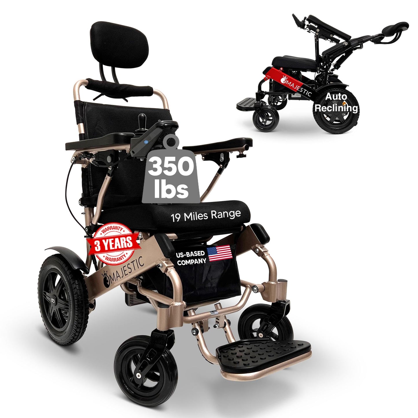 Auto Reclining Electric Wheelchair, 350 lbs Weight Capacity, 19 Miles Battery Range, Electric Wheelchairs for Adults, US Based Support, Remote Controlled Lightweight Wheel Chair, IQ-9000 by Majestic