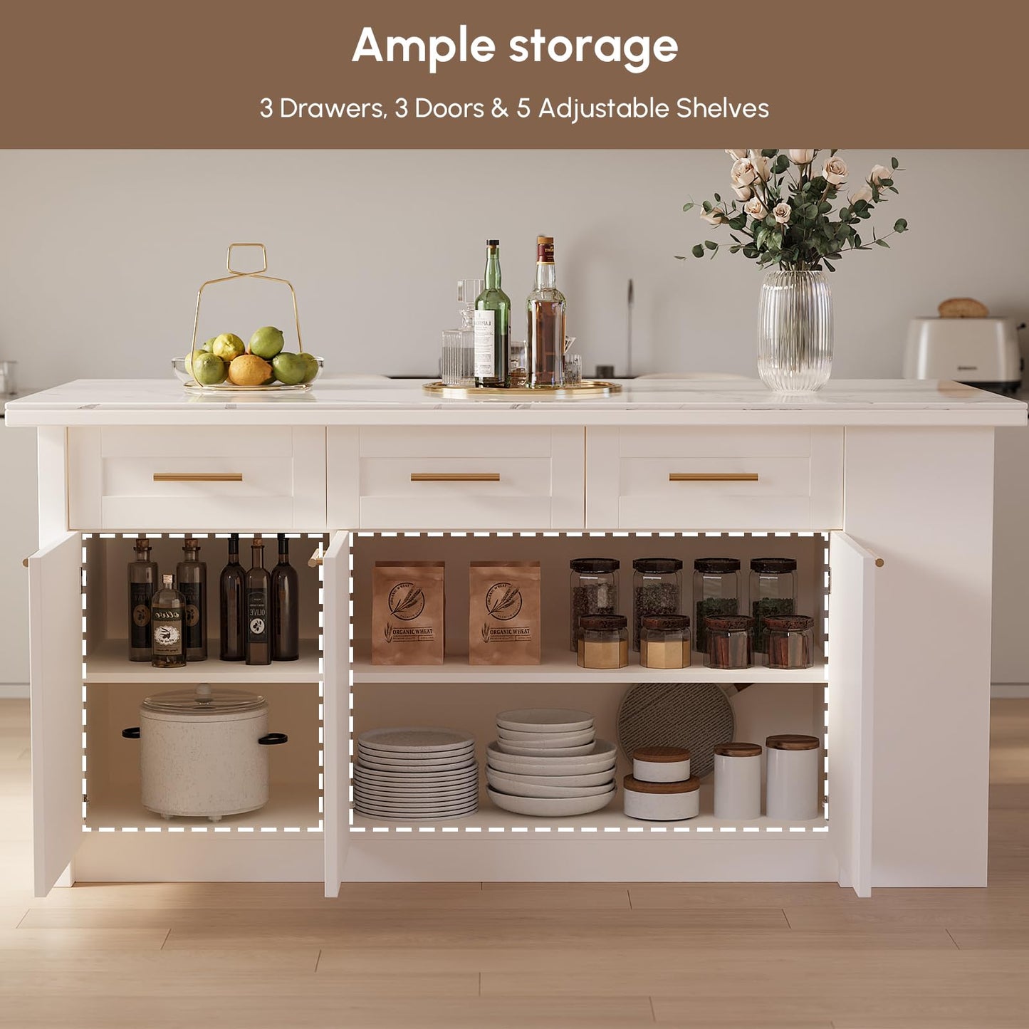 homary Kitchen Island with Stools,71" White Kitchen Island with Seating,Sintered Stone Top & Drawers,Freestanding Multifunctional Island Table with 2 Chairs