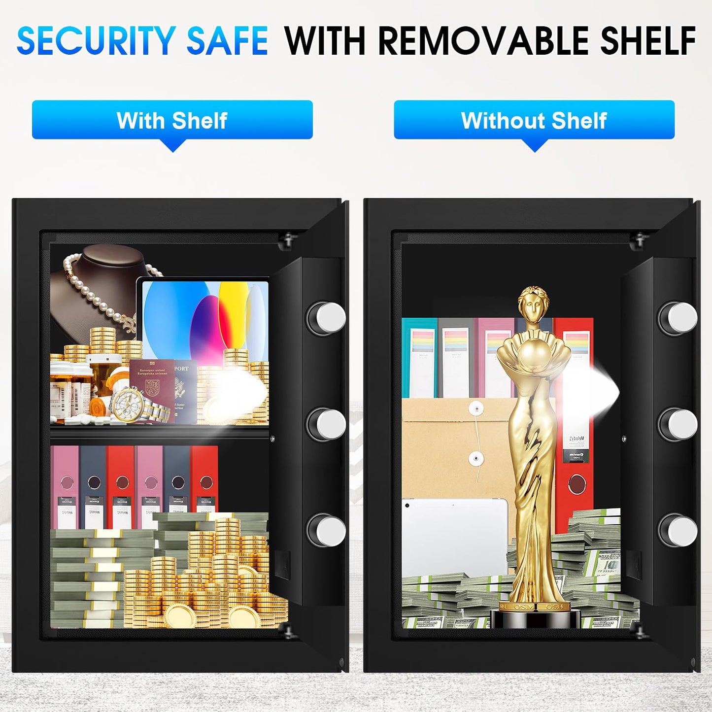 3.3 Cuft Large Fire Proof Safes for Home Use, Personal Fire Safe Box with Electronic Keypad and Spare Key, Removable Shelf, Digital Home Safe Fireproof Waterproof for Cash Documents Valuables