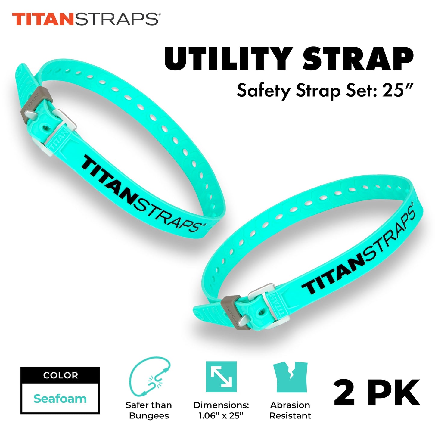 Titan Utility Straps – Easy-To-Use, Reliable Tension Straps for Securing Bike & Moto Gear, Skis, Garden Hoses, Field Repairs – Use in Frigid Temp – 60 lb. Working Load, 25" Length, 2-Pack, Sea Foam