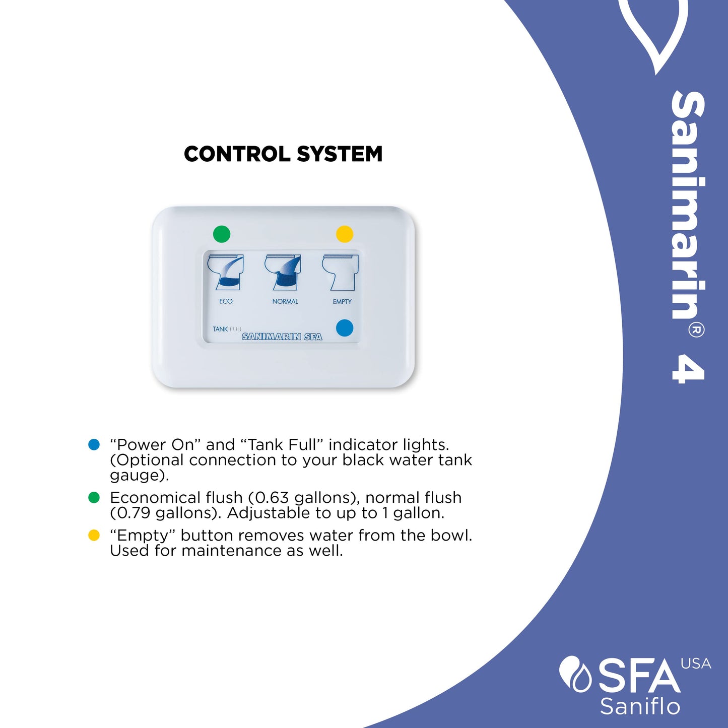 SFA SANIFLO - Sanimarin 4 - Electric Marine Macerating Toilet - Confortable & Standard Height - Stainless Steel Blade - Quiet, 52 dB(A) - Control Panel Included - 12V - Made In France