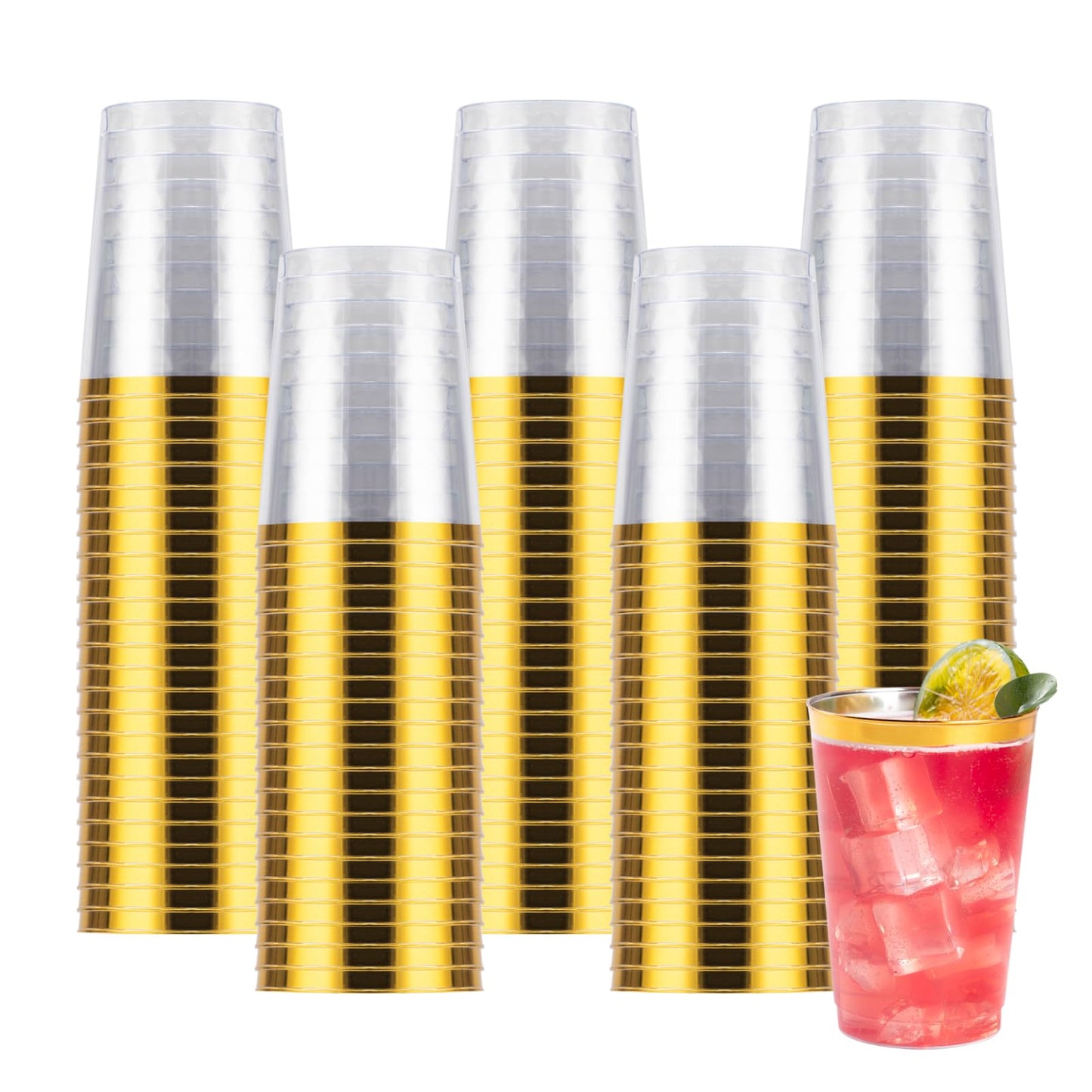 Goodluck 100PCS 10oz Gold Plastic Cups for Party, Disposable Gold Rim Cups, Plastic Cocktail Glasses for Wedding Thanksgiving, Christmas, and Parties