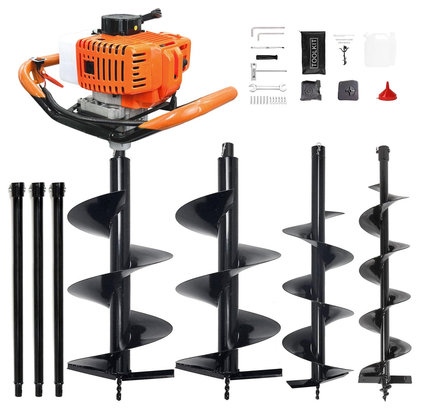 XJADQW 62CC 2-Stroke Gas Powered Post Hole Digger with 3" & 5" & 8" Auger Bits + 24“ & 24" & 24" Extension Rod, Heavy Duty Earth Auger for Farm, Garden, Landscaping, Construction