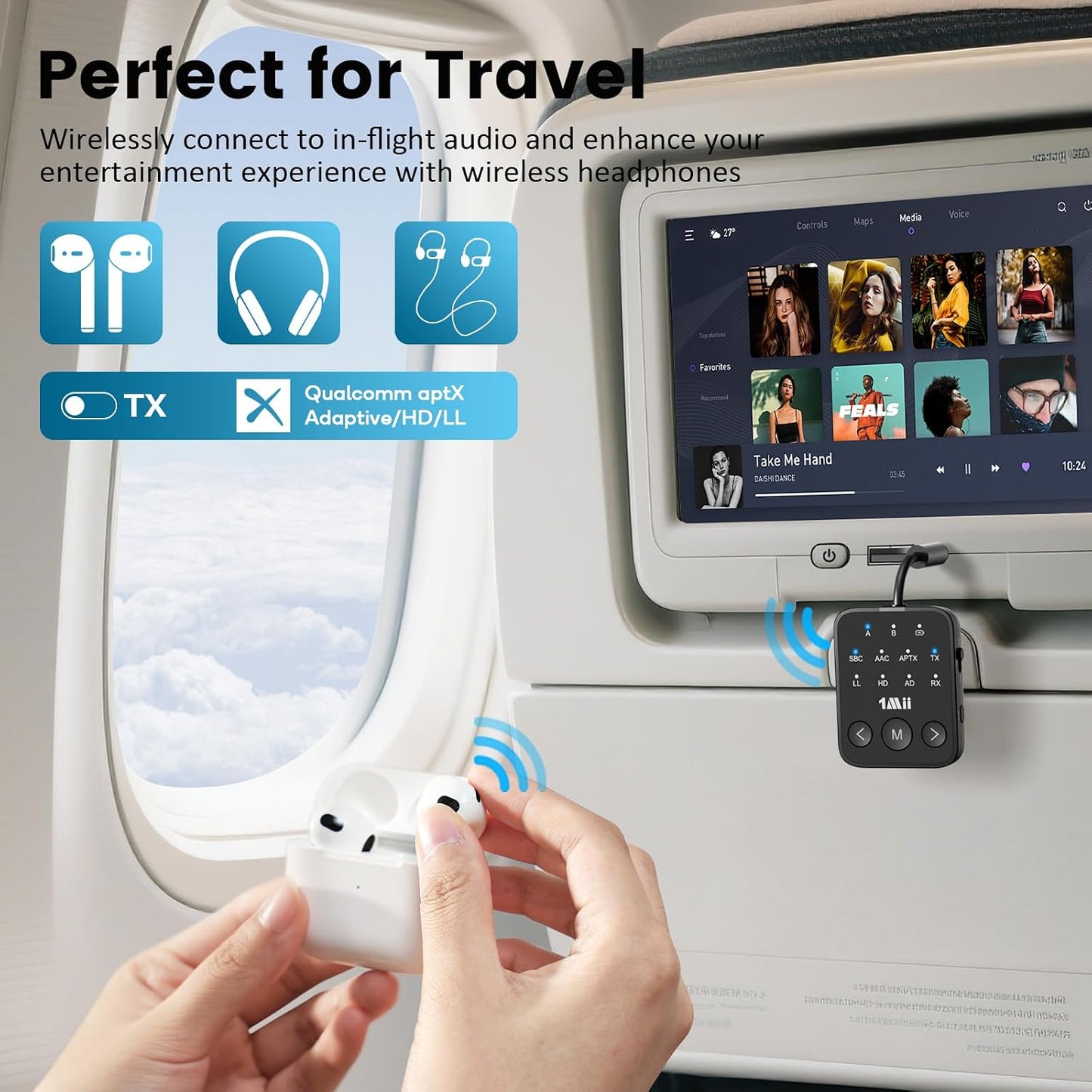 1Mii 5.3 2 3.5mm Airplane/TV/MP3 25H Bluetooth Transmitter Receiver, Dual Link for Headphones, aptX Adaptive/HD Low