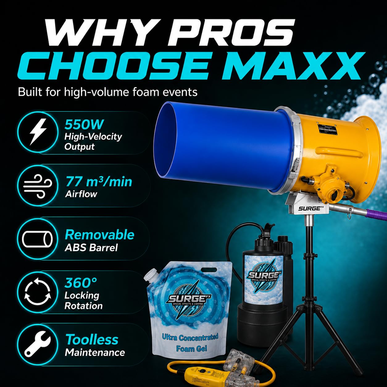 SurgeFX Foam Blaster Maxx v2 Foam Cannon Machine, 550W High-Velocity Professional Foam Party Machine with 360° Rotation, 3-7 ft Telescopic Stand, Toolless Cleaning for Events & Rentals
