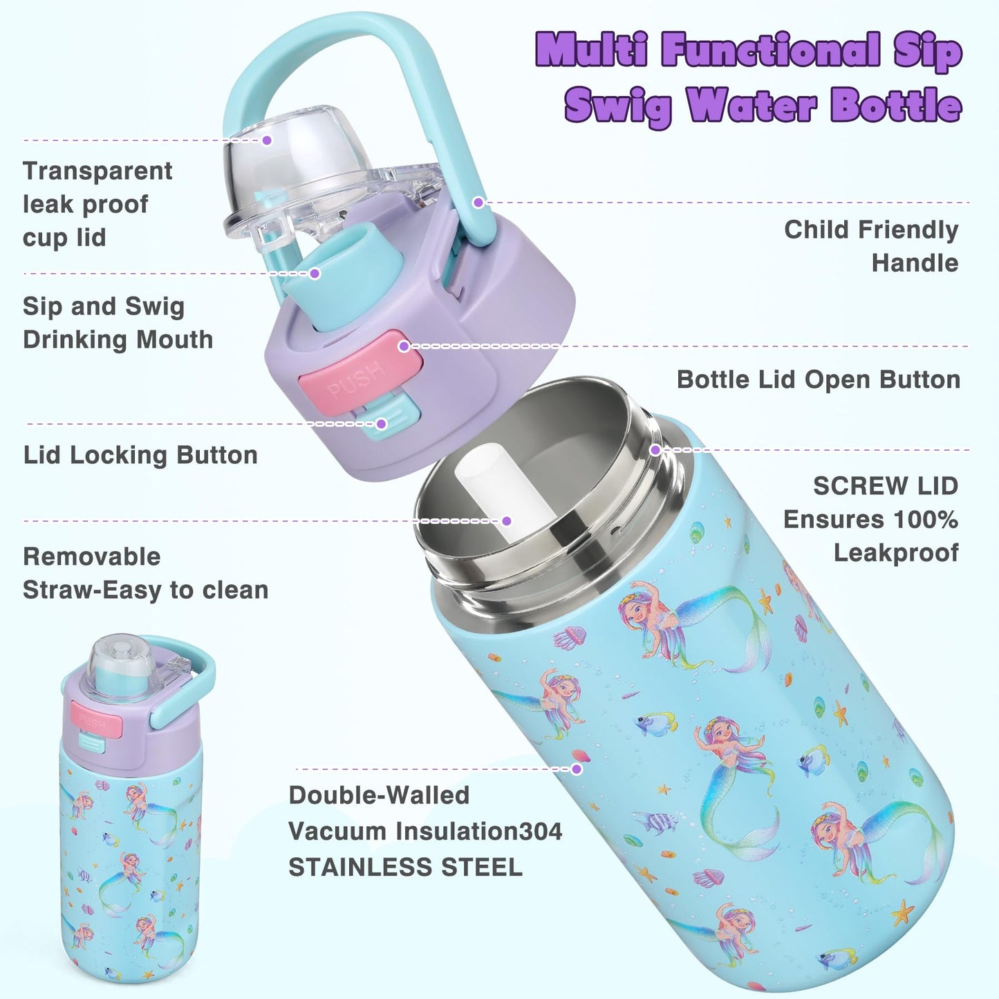 Bento Lunch Box for Kids with 7oz Soup Thermo,Insulated Stainless Steel Kids Water Bottle with Straw and Insulated Lunch Bag,Leak-Proof Lunch Food Container with Ice Pack for School(Purple-Mermaid)