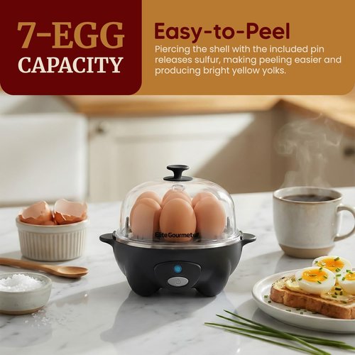 Elite Gourmet Rapid Egg Cooker - Perfectly Cook 7 Hard, Medium, Soft Boiled Eggs | Auto Shut-Off, Black