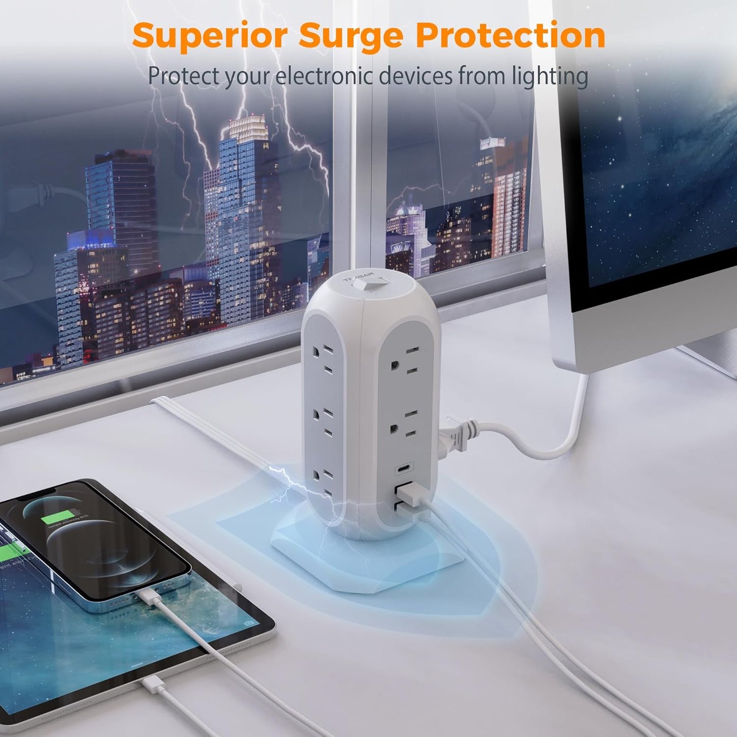 TESSAN 11 3 (1 1625W/13A,1050J 6 Tower Power Strip Flat Plug with Outlets USB USB C), Surge Protector Tower Protection