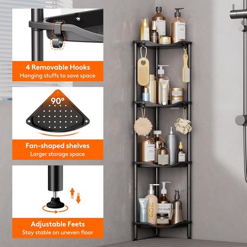 Lifewit Shower Caddy - 4-Tier Rustproof Corner Rack with Adjustable Feet & Hooks | Black, 34 x 24 x 107 cm