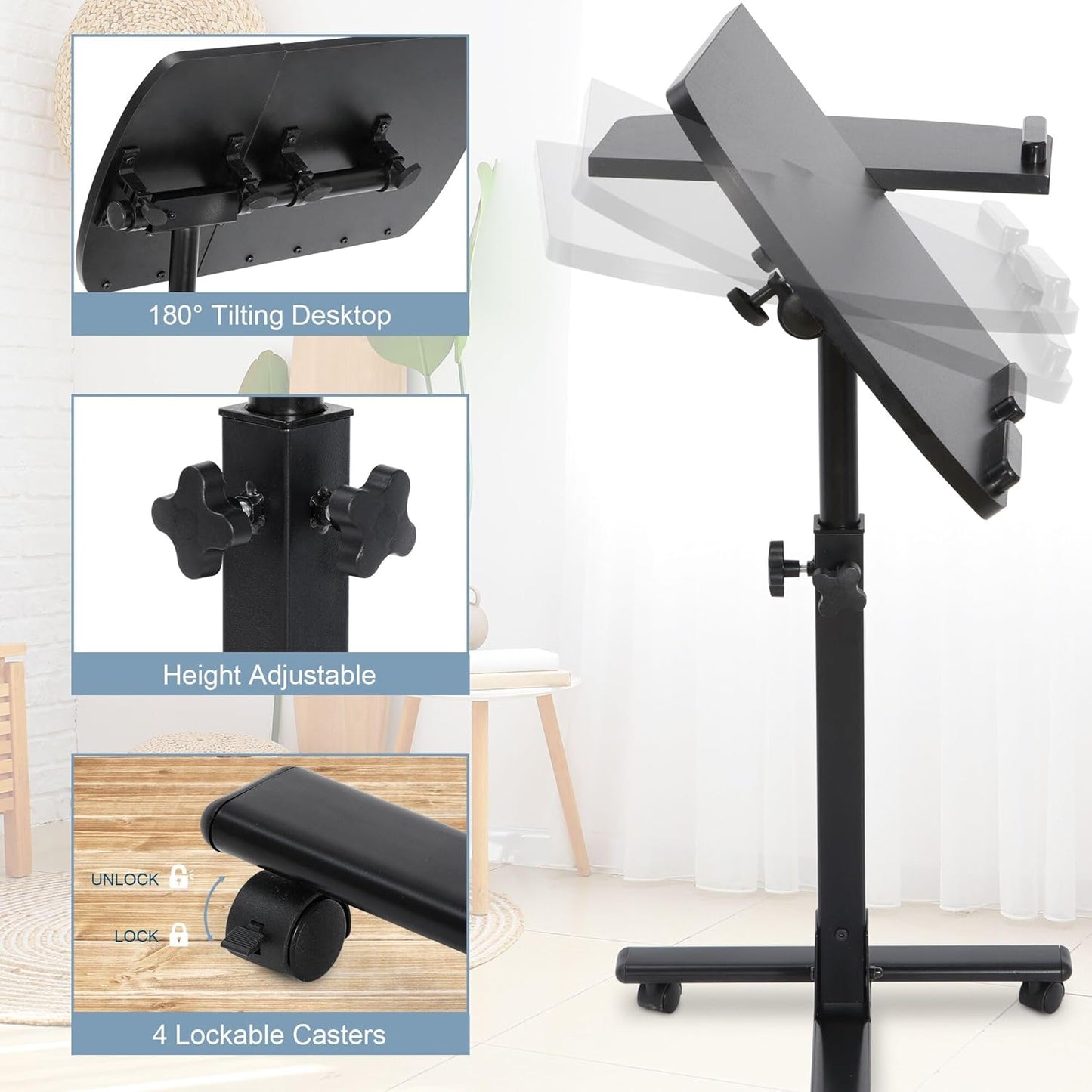 F2C 360 Portable Adjustable Height Swivel Laptop Desk PC Computer Mobile Notebook Laptop Stand Rolling Table Desk Cart