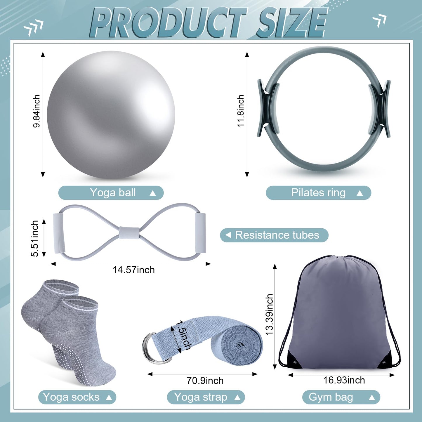 Poen 18 Pcs Home Pilates Ball and Ring Circle Set Yoga Fitness Essentials Kit with 5 Resistance Band Stretching Strap Non Slip Sock Ball Core Slider Wristband Headband Gym Bag for Women(Gray)