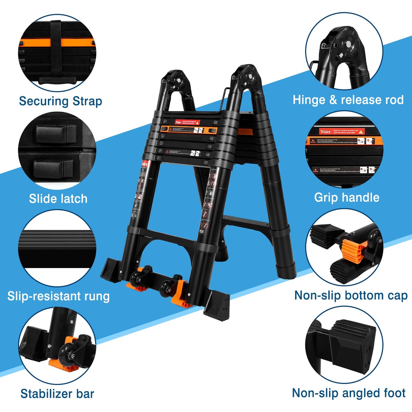 Wolec 16.5 FT A Frame Telescoping Ladder, Adjustable Multi-Purpose Collapsible Extension w/Balance Bar & Wheels, Heavy Duty 330 lbs Max Capacity, Ideal for Home and Outdoor Work, Black