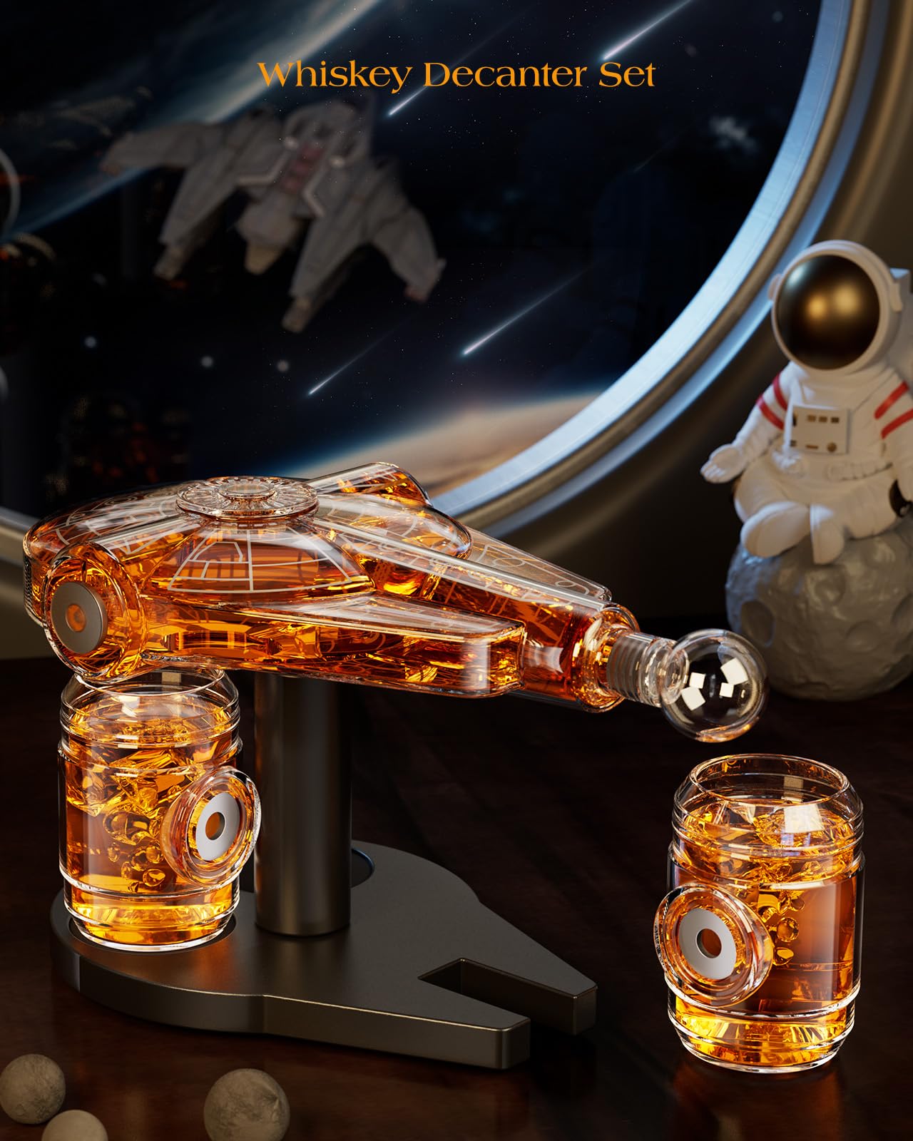 Kollea Galaxy Blue Spaceship Whiskey Decanter Sets for Men, Spacecraft Limited Edition, 2 Funny Shot Glasses, Gift Ideas, Cool Liquor Dispenser for Home Bar, Fathers Day Birthday Gifts for Men Dad Him