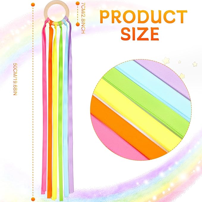 Junkin Ribbon Rings Hand Kite Waldorf Toys Dancing Wrist Ribbons Rainbow Streamers with Wood Ring Sensory Learning Educational Toy for Playroom Dancing Birthday Party Gift(Fresh,24 Pcs)