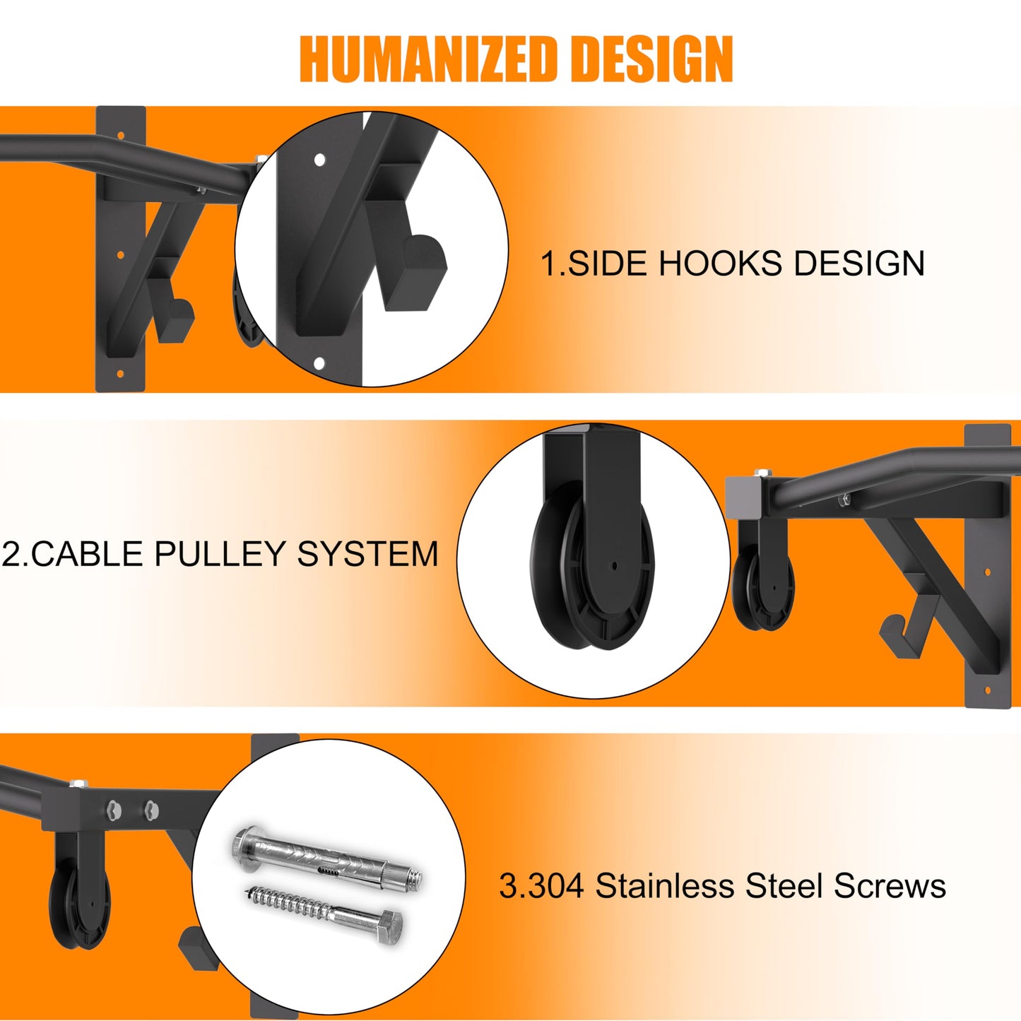 HWOOUSA Wall Mounted Pull Up Bar With Pulley System, 600lbs Heavy Duty Chin Up Bar, 48" Multi Grip Pullup Bar, for Garage Indoor Basement Workout Strength Training Equipment, Ease Of Use Mounting