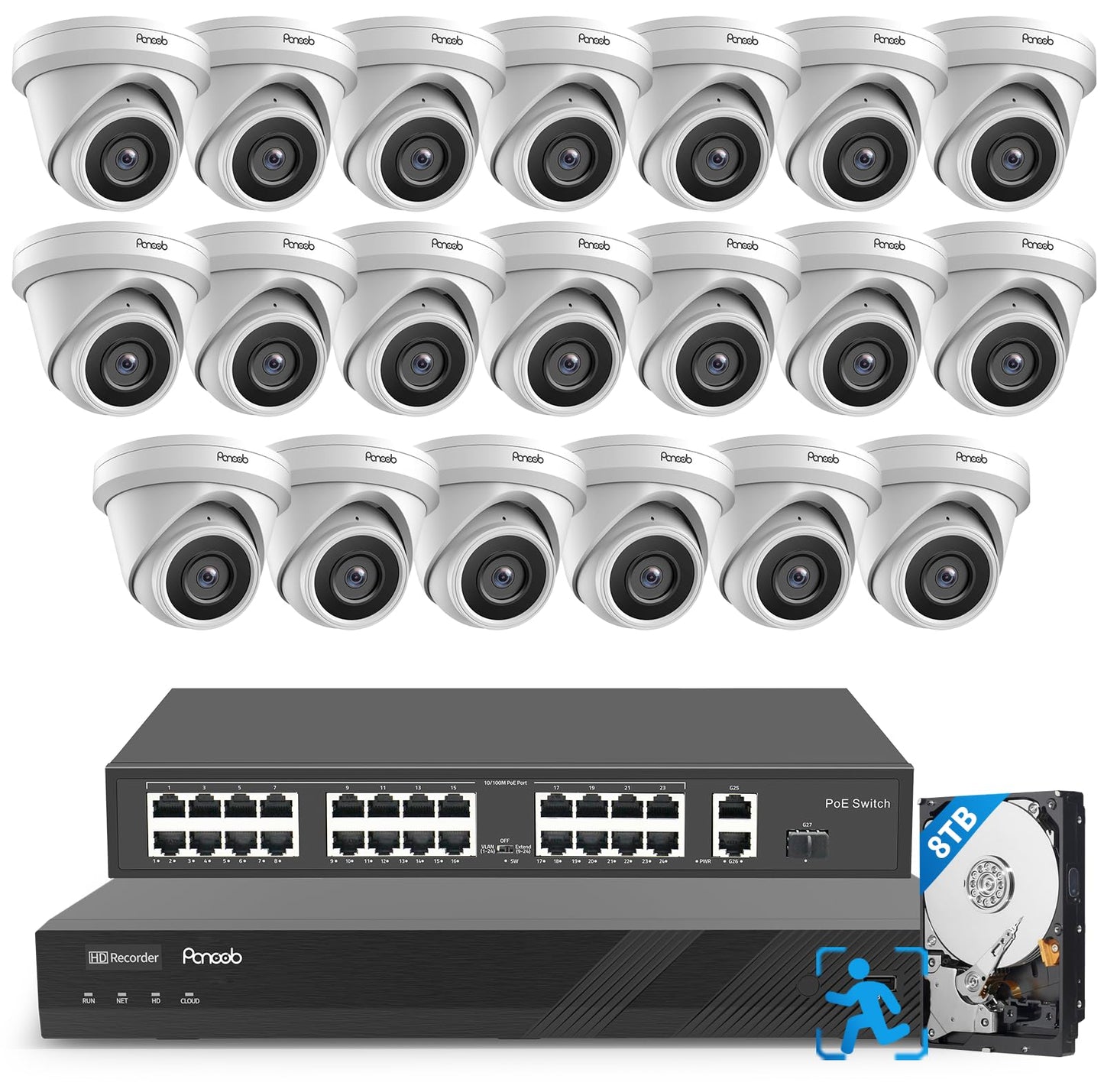PANOOB 32 Channel Security Camera System, 20pcs 5MP Wired IP Turret Dome PoE Cameras Outdoor, AI Human Detection, Built-in Mic, Remote Access, 4K 32CH NVR 8TB HDD for 24-7 Recording, PD93A2032-5M