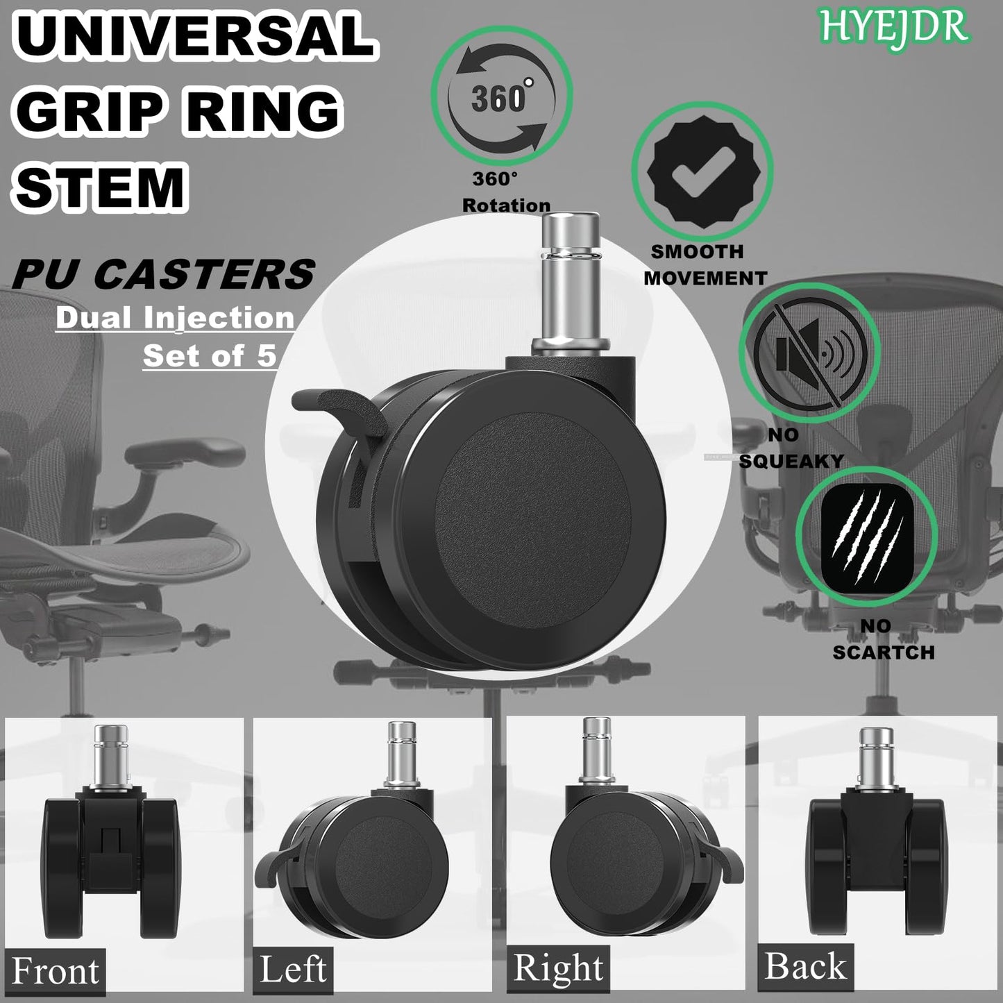 Office Chair Caster Wheels Replacement with Brake, 2.36"(60mm) Casters Replacement for Office Chair or Stool Wheel, Universal Size 11x22mm for Carpet and Hardwood Floors with Brake(Set of 5)