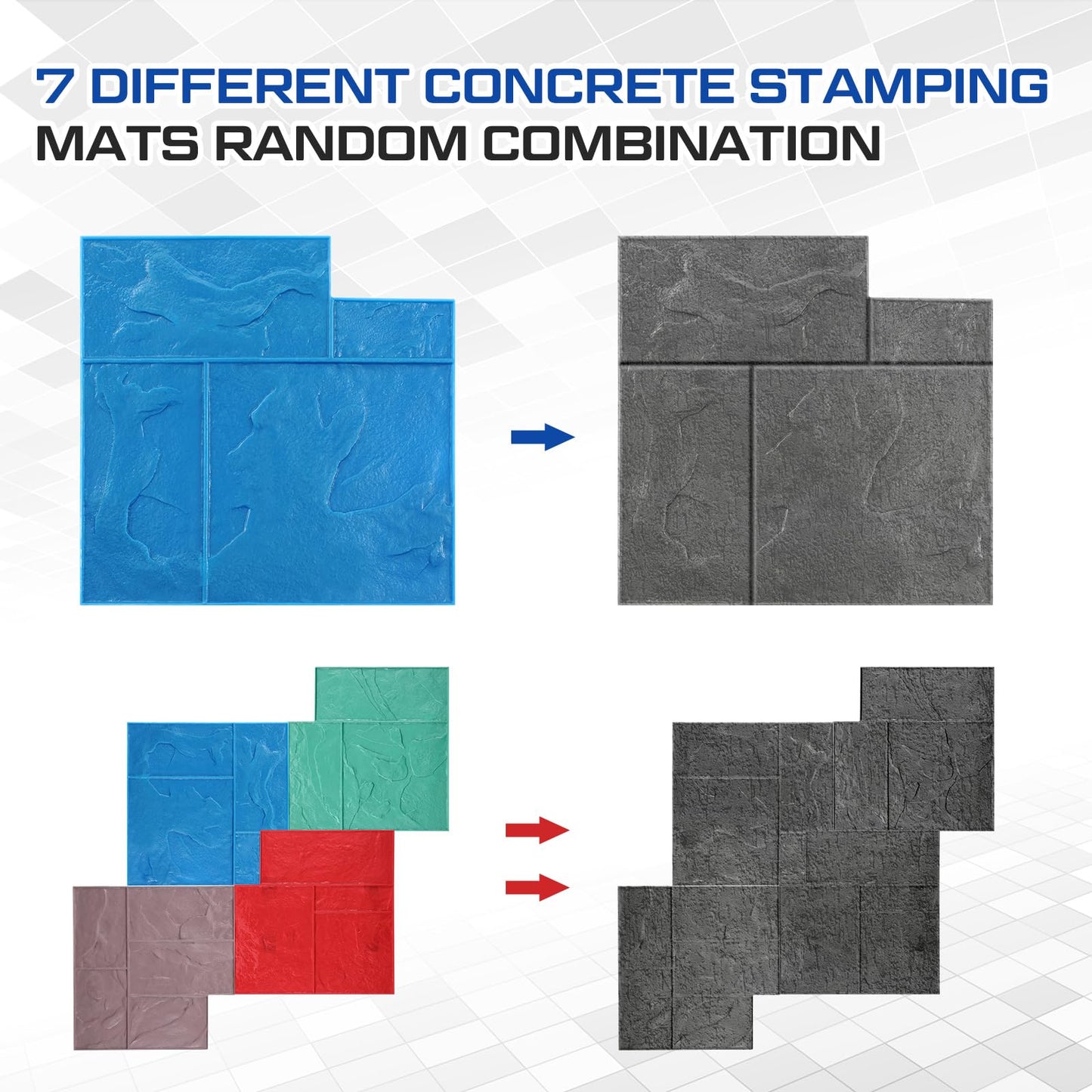 AmazingSpark 8 Pcs Concrete Stamping Mats Set, Concrete Texture Mat Polyurethane Reusable Slate Stamp Soft Hard Molds with Handles Durable for Patio Wall Floors Driveways Walkways (Square,7 Colors)