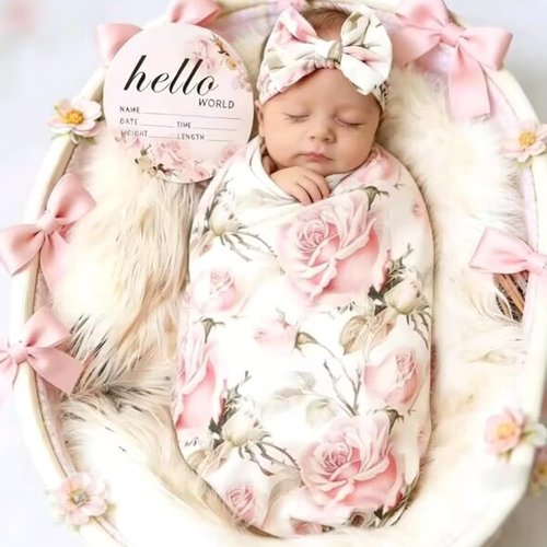 Galabloomer Baby Girl Receiving Blanket Set - Vintage Flower Swaddle & Headband for Newborns