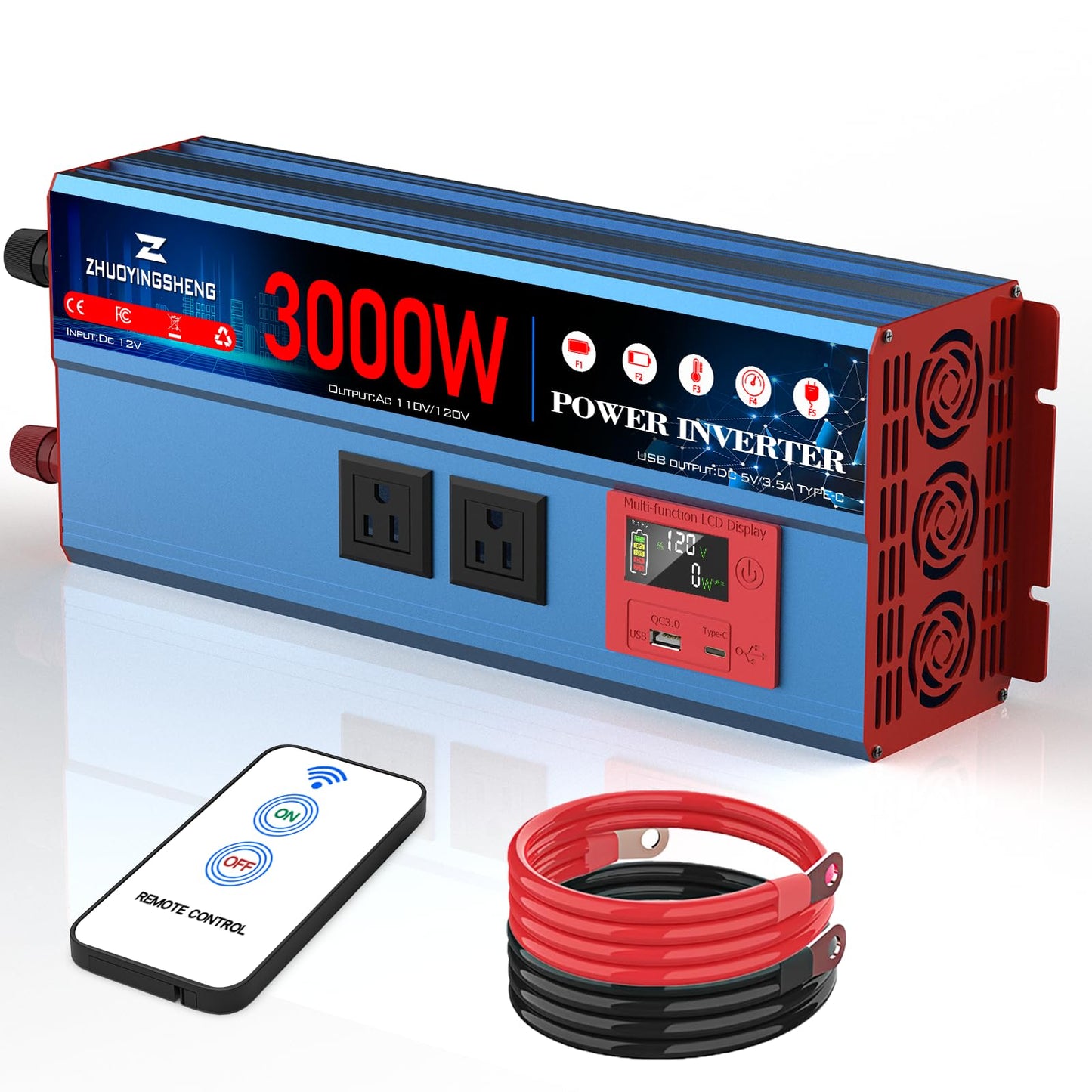 3000 Watt Inverter 12V DC to 120V AC Converter with LCD Display & Remote Control - 2 AC Outlets, USB 3.0 + Type-C Ports, Car Power Inverter Compatible with RV, Truck, Home, Off-Grid & Solar Systems