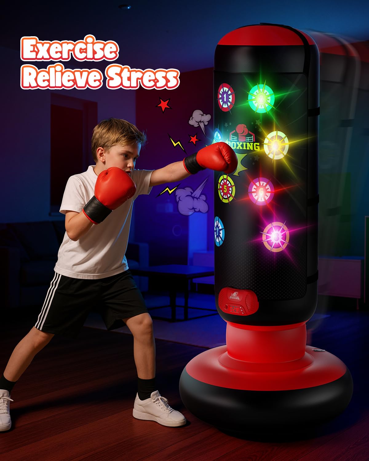 HopeRock Punching Bag for Kids, Boxing Set with Scoring, Light, Music, 4 Game Modes, Inflatable Boxing Bag with Gloves, Birthday Gifts Toys for 4-8-12 Years Old Boys