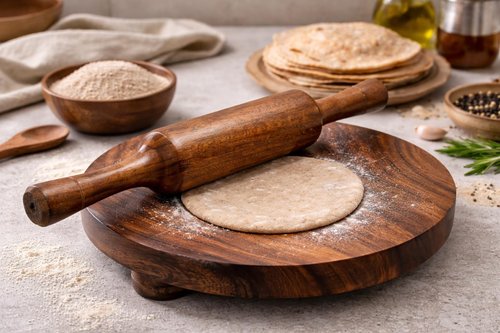 ARTISENIA Wooden Chapati Chakla Belan Set – 9 Inch Round Roti Rolling Board with Rolling Pin | Handmade Wooden Roti Maker | Kitchen Utensil for Rolling Chapati, Paratha, Puri & Dough