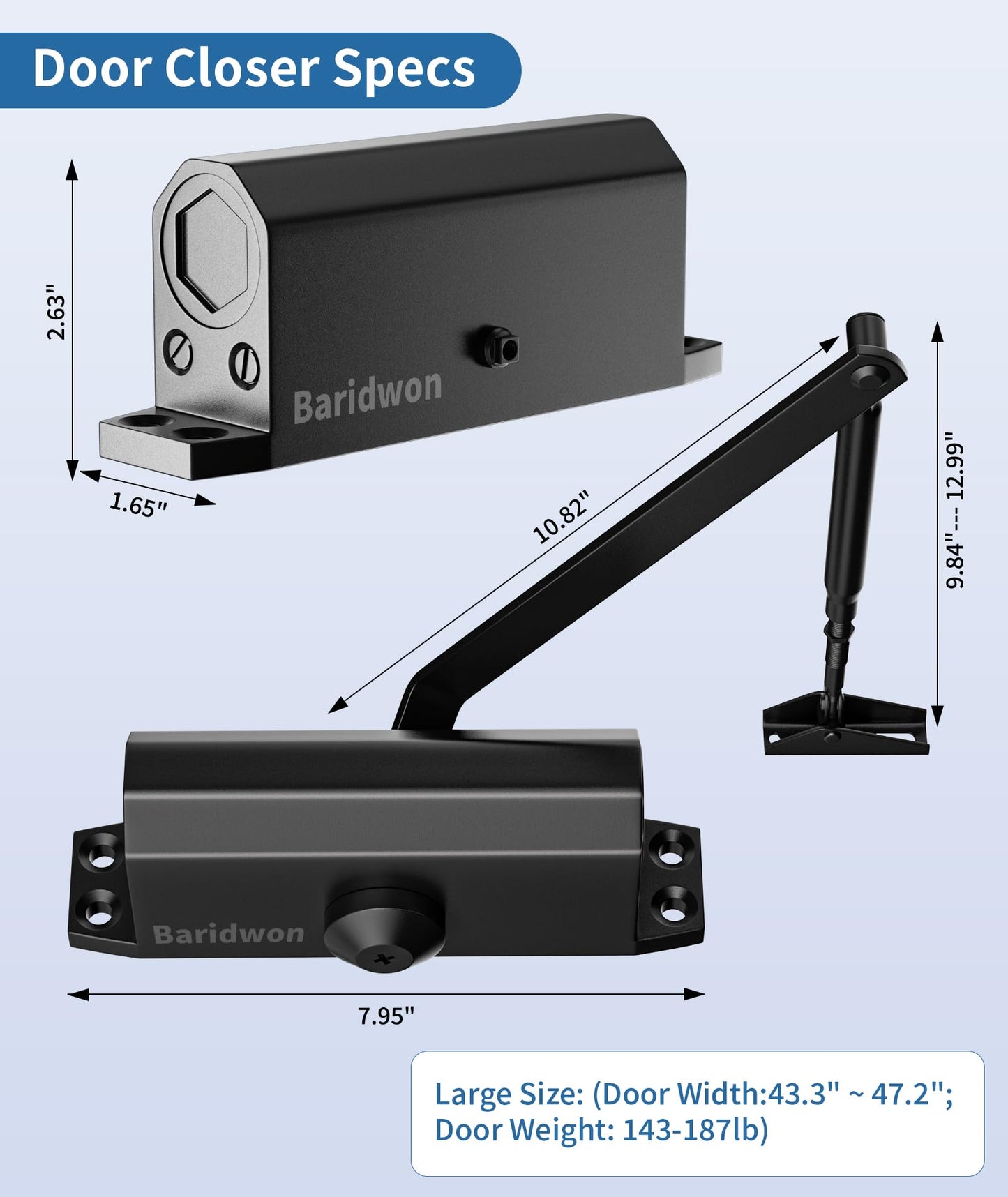 Baridwon Heavy Duty Commercial Door Closer Large Size, LetBlack Finish, Self-Closing Mechanism with Hold Open