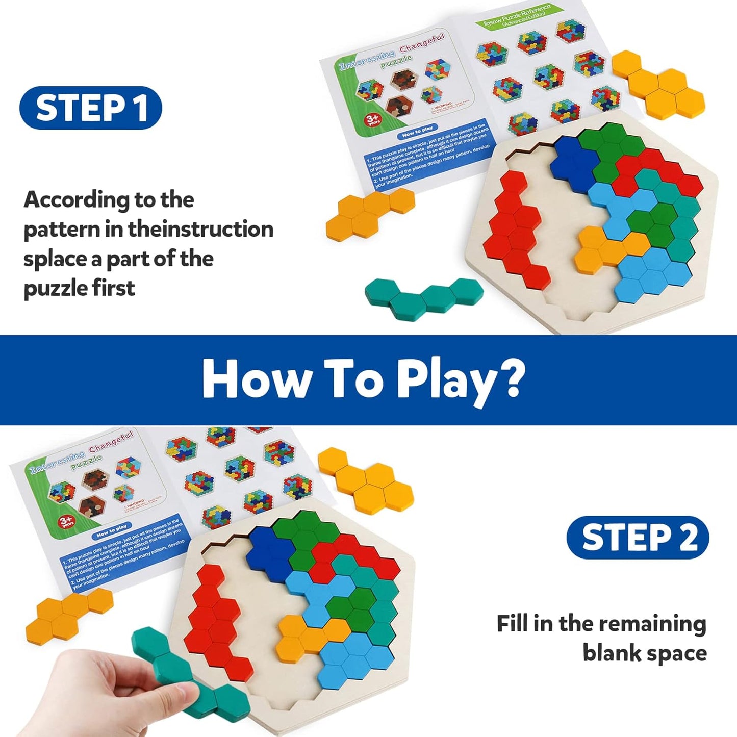 Skrtuan Wooden Blocks Puzzle - Hexagon Brain Teaser for Kids & Adults | STEM Montessori Educational Toy