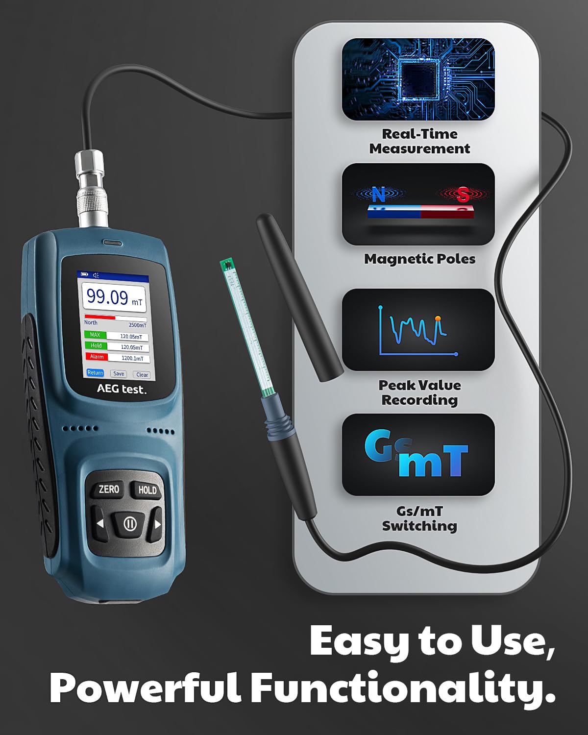 AEGTEST 8103 Gauss Meter, Rechargeable Tesla Meter 0-2500mT, Transverse Probe, Magnetometer with Data Logging and Alarm, Magnetic Field Strength, ±2% Industrial Accuracy for Quality Control, Labs