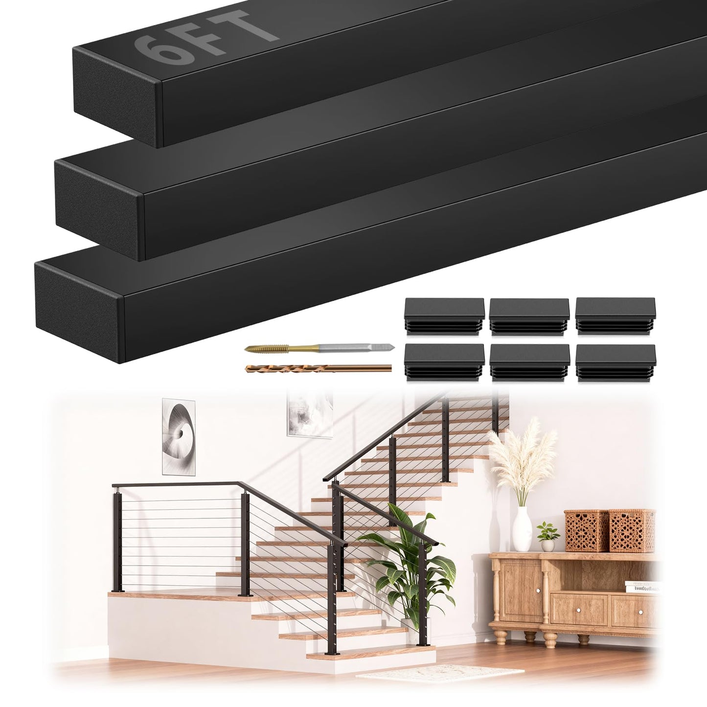 Gyykzz 6FT Stainless Steel T304 Handrail Black, 3 Pack Rectangular Cable Railing Handrail Flat Deck Top Rail with Nylon End Caps for Indoor Outdoor Deck Stair Cable Railing System DIY Balustrade