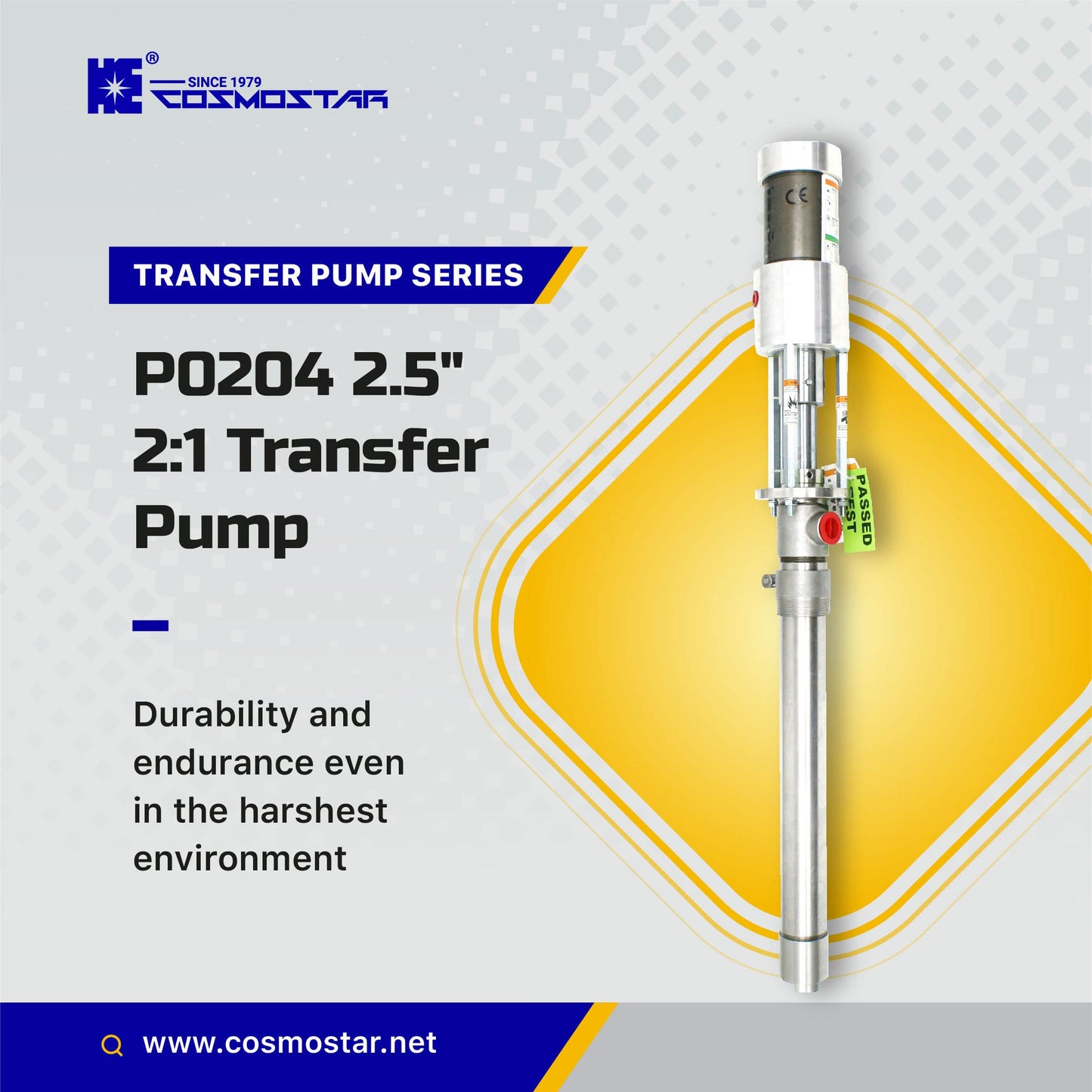 COSMOSTAR P0204 2.5" 2:1 Air Operated Pneumatic Oil/Chemical Transfer Pump (Stainless Steel Type, 5 Gallon Drum), Teflon Packing Piston Pumps 4.0GPM/15LPM, High Fluid Pressure 240 Psi
