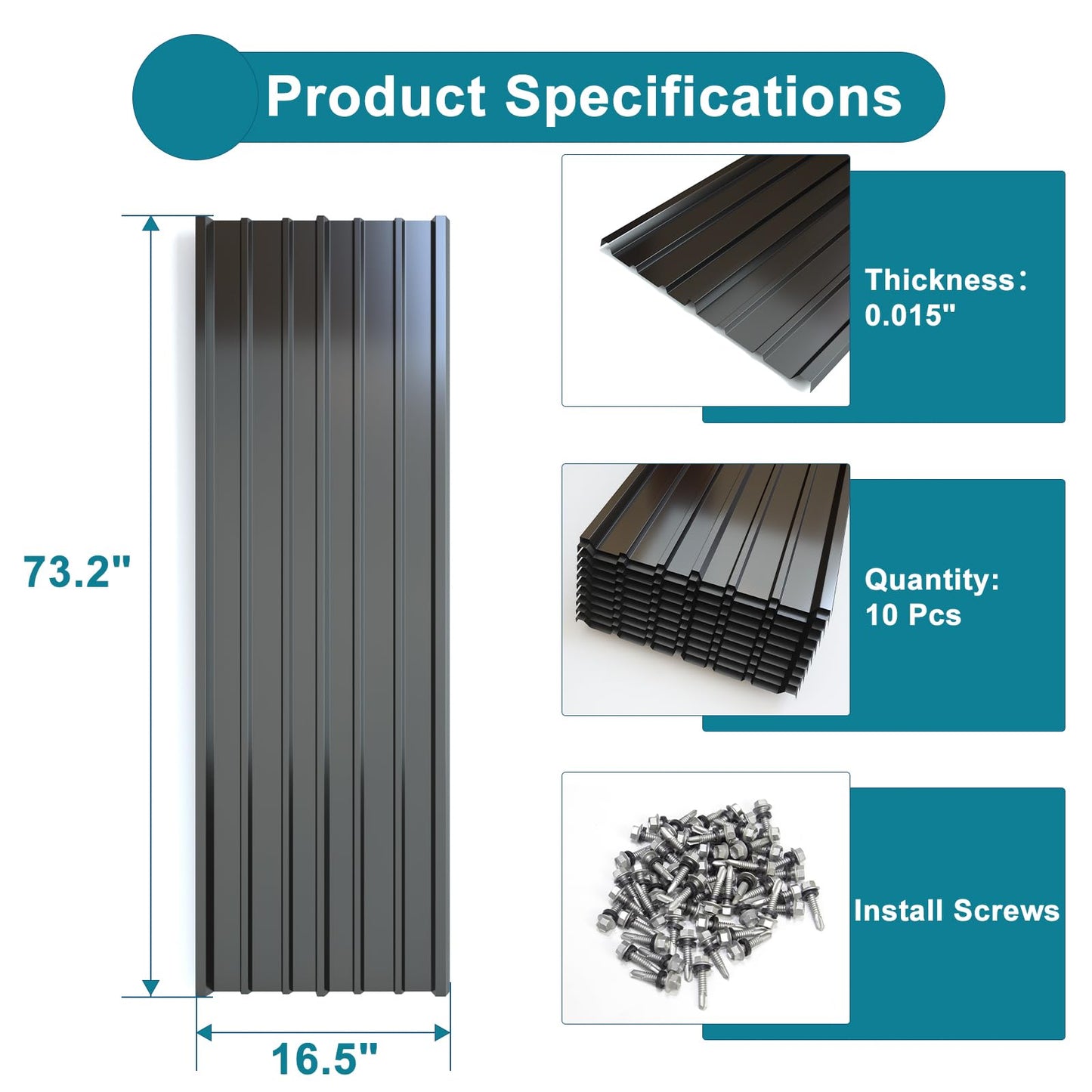 NeatiEase 10 Pcs Metal Roofing Panels, 6.1 Feet Corrugated Galvanized Roofing Panels Metal Siding Panels with Steel Screws for Pergola, Gazebo, Shed, Outdoor Storage, Chicken Coop,Garages (Black)