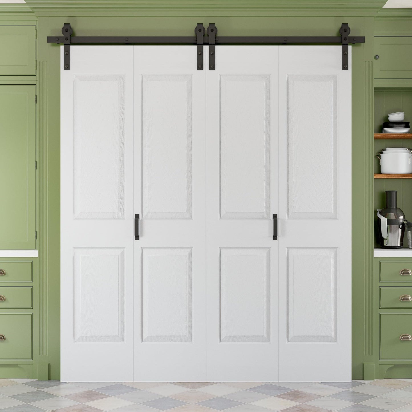 72" x 84" Paintable Bifold Barn Door, No Assembly Required, 4 Panels Bi Fold Sliding Closet Doors with Hardware Kit Included, 80" Track Kit for 4 Doors, Pre-Drilled Holes, White