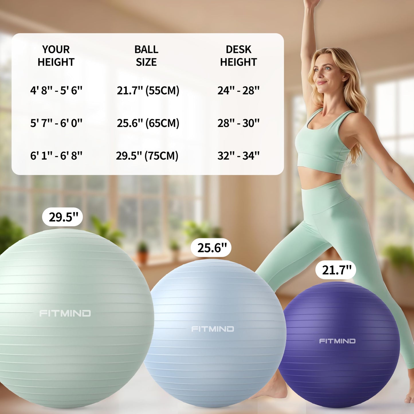 FITMIND_ Extra Thick Exercise Ball Yoga Ball 22in/26in/30in for Workout Pregnancy Stability,Anti-Burst and Slip Resistant Swiss Ball with Pump for Yoga, Pilates, Fitness,Birthing,Physical Therapy