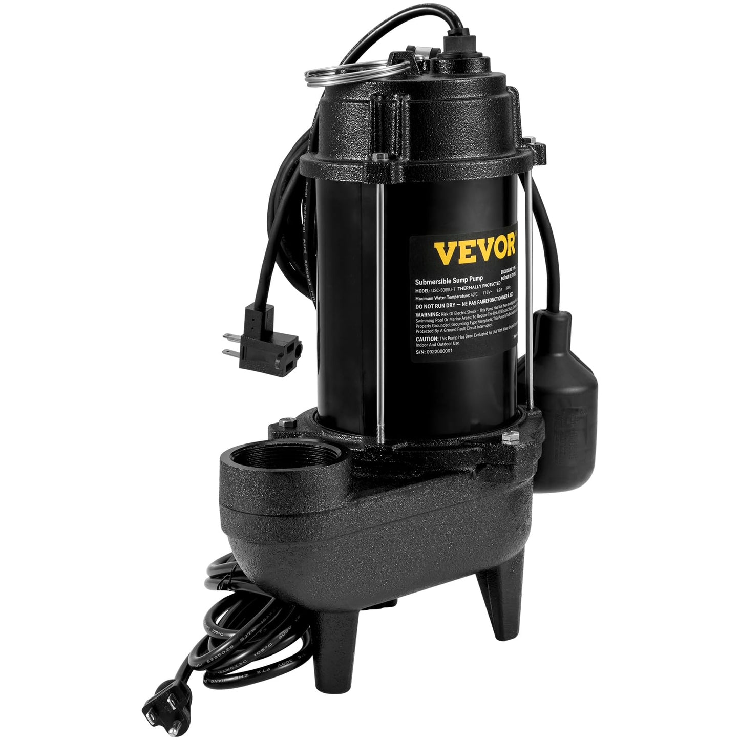 VEVOR 3/4 HP Submersible Sewage Pump, Cast Iron Submersible Sump Pump, Wear-proof Cast Iron Construction, with Tethered Float Switch, 10 FT Power Cord