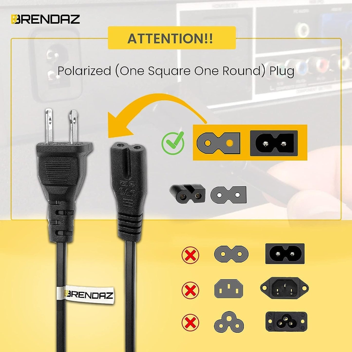 BRENDAZ (5-Pack) C7 2 (6-Feet) Polarized Power Cord, Prong AC Power Cable, Compatible with Vizio D, E, M Series HDTV