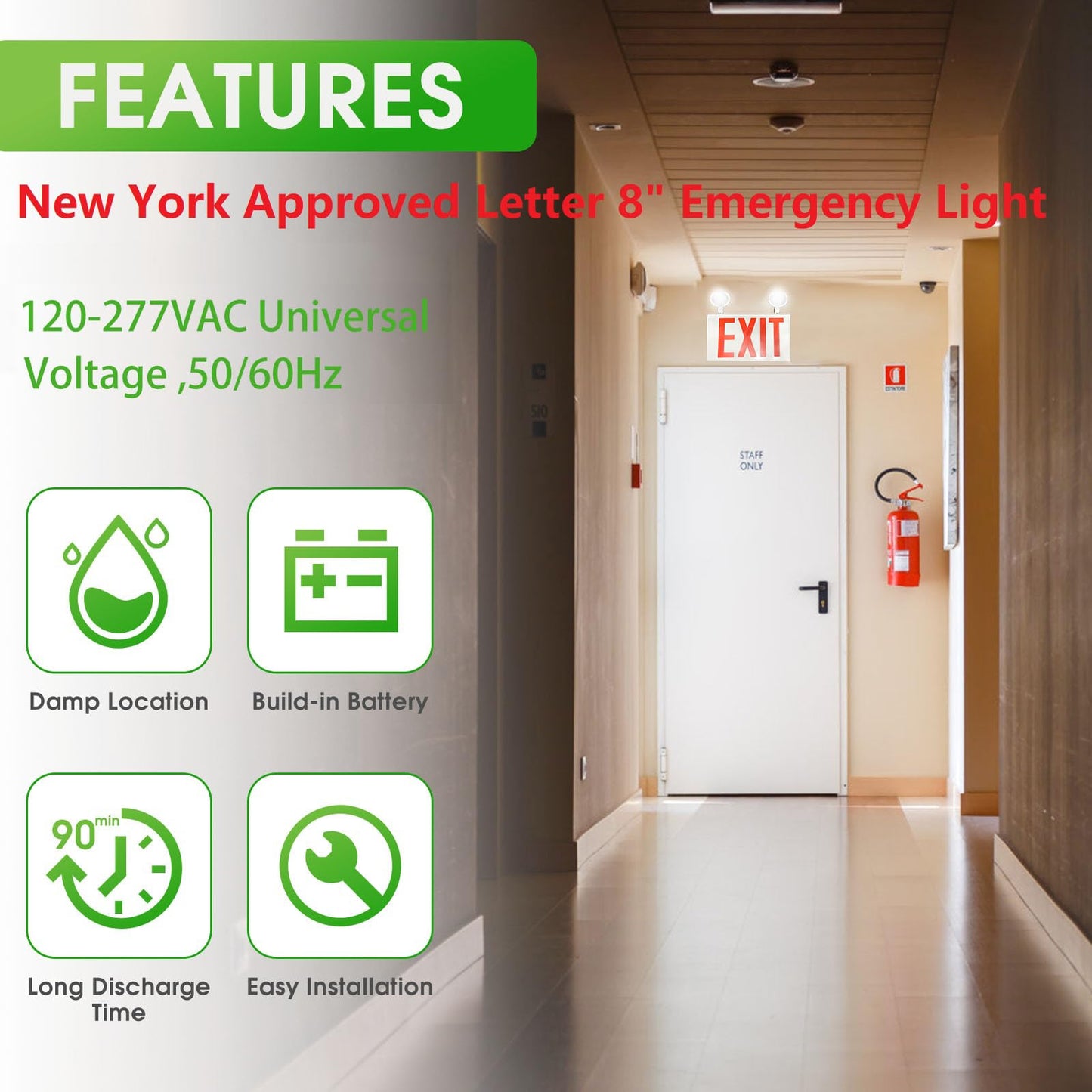 Garrini New York Approved Letter 8" Steel LED Emergency Light Exit Sign Combo Adjustable Lamps Heads, 120-277V, Single and Double Faces, Fire Resistant UL Certified NYC-2000 (2 Heads)
