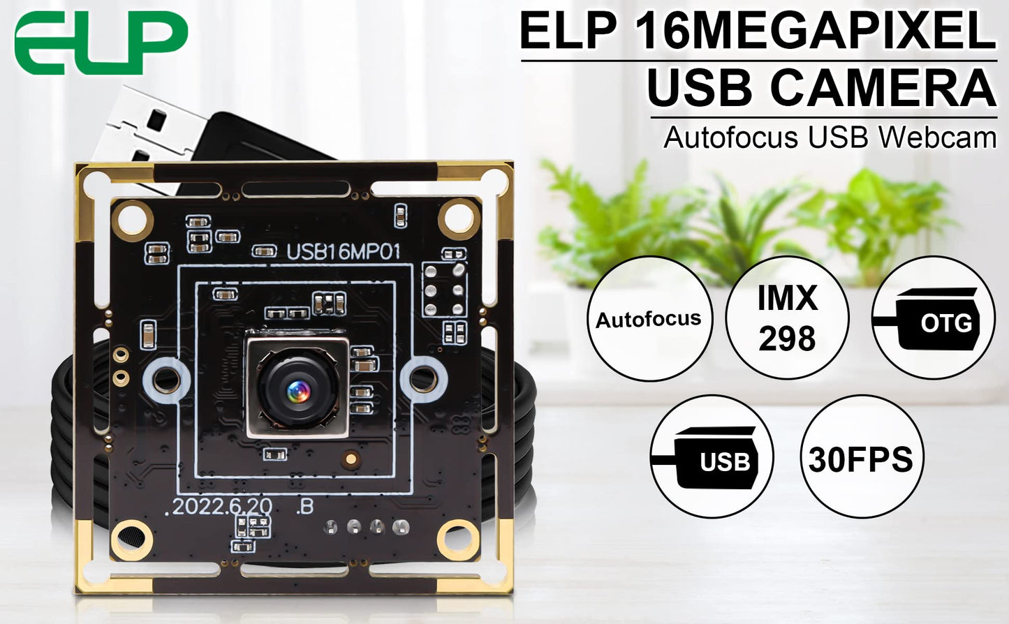 ELP 16MP Autofocus USB Camera Module - 4K UVC USB2.0 With 68-Degree Mini Size Lens IMX298 for Computer, Laptop, PC - Video Lightburn Industrial Embedded Webcam Board