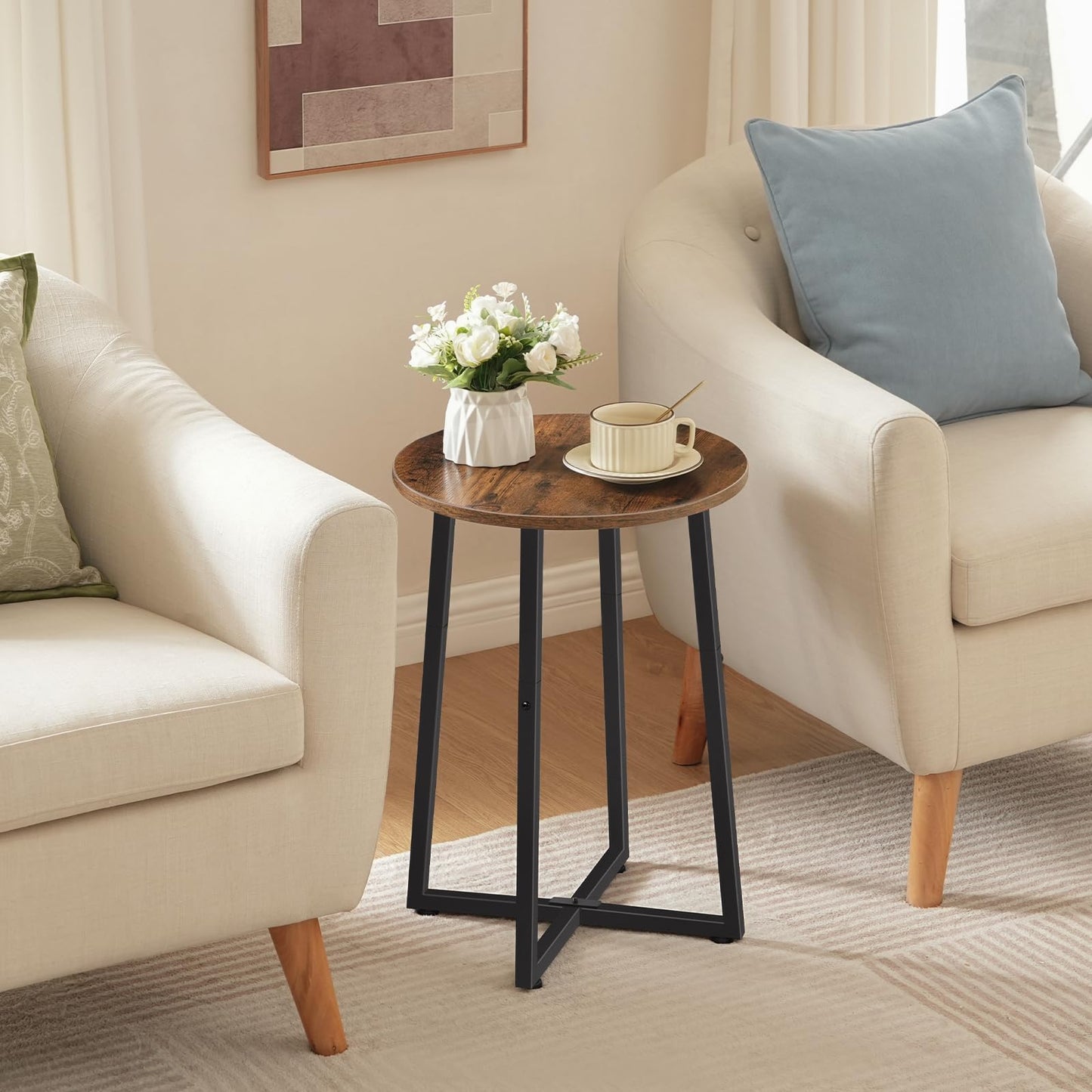 HOOBRO Side Tables Set of 2, Round End Accent Tables with Sturdy Metal Pedestal, 15.7" Round Nightstands, for Living Room, Bedroom, Balcony, Office, Rustic Brown BF95BZP201