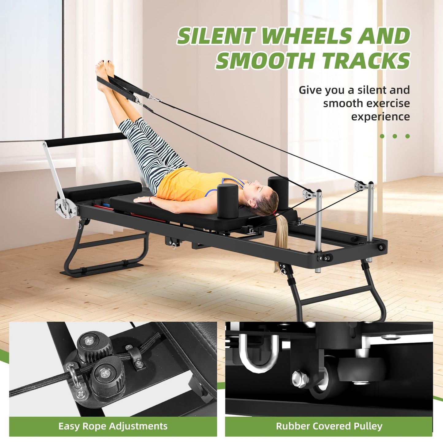 Foldable Pilates Reformer Machine for Home Gym, 77.5'' Pilates Reformer Bed with 5 Adjustable Resistance Bands, Upgraded Rope Adjuster System Supports 400lbs, Professional Pilates Equipment
