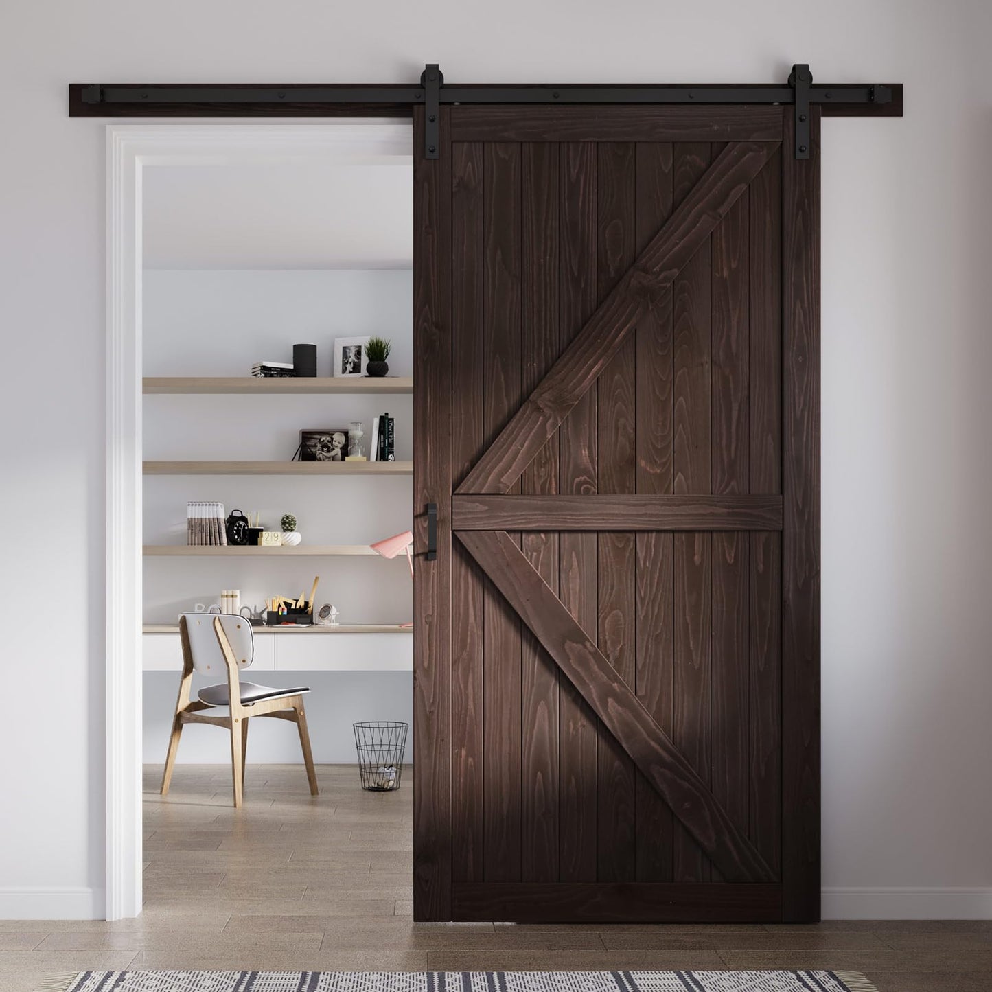 FREDBECK 48in x 96in Brown Wood Barn Door with 8ft Barn Door Hardware Track Kit Included, Double Surfaces,Simple Assembly is Required,K-Frame,Coffee