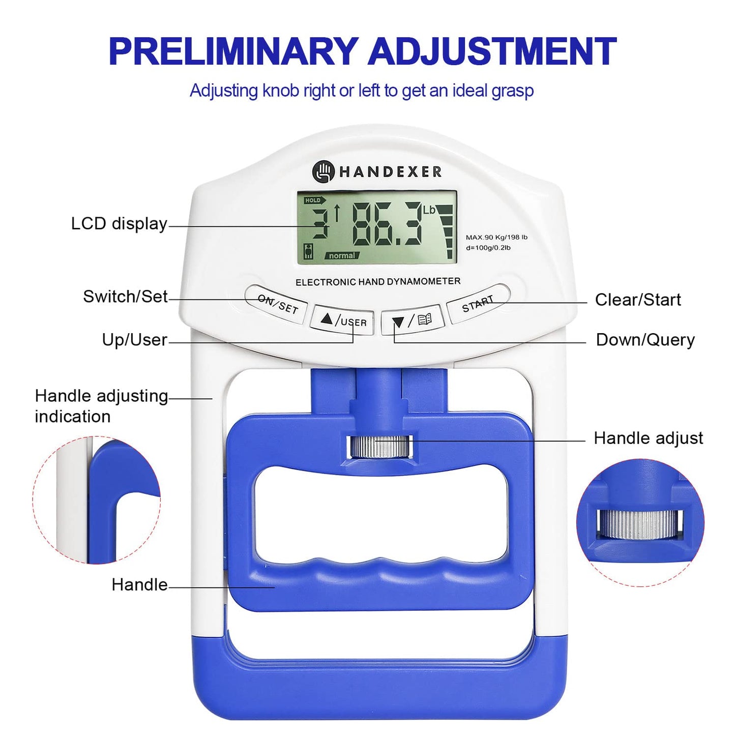 Grip Strength Tester - Hand Grip Dynamometer - Handheld Digital Grip Measurement Meter Device Trainer Power 198 Lbs / 90 Kgs - Strengthener Exerciser for Sports, School and Home Use