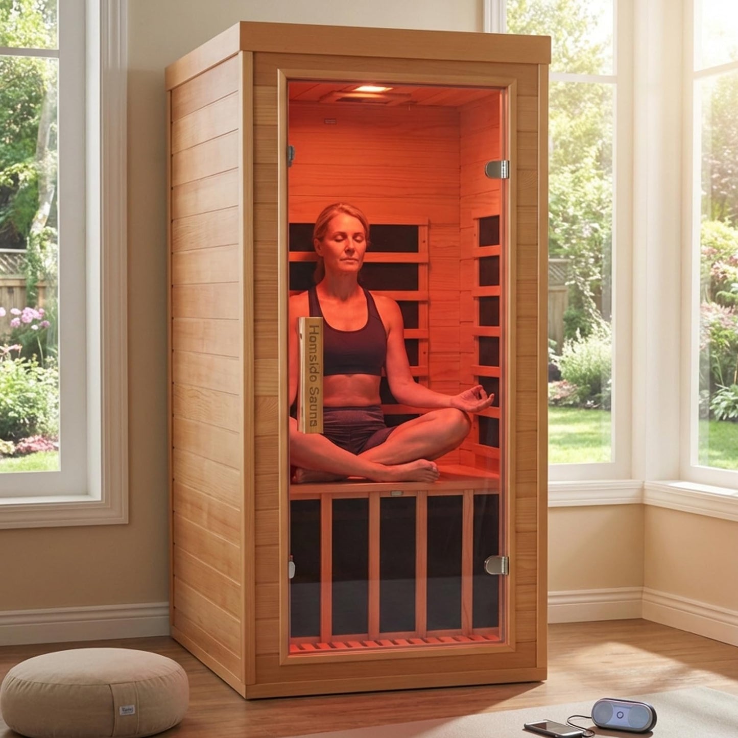 Homsido Red Light Therapy Infrared Sauna, 1300W 110V Indoor Wood Dry Sauna with Carbon Crystal Heaters, Red Light Therapy Lamp,Home Use for Post-Workout Recovery, Spa Relaxation, for Women Men