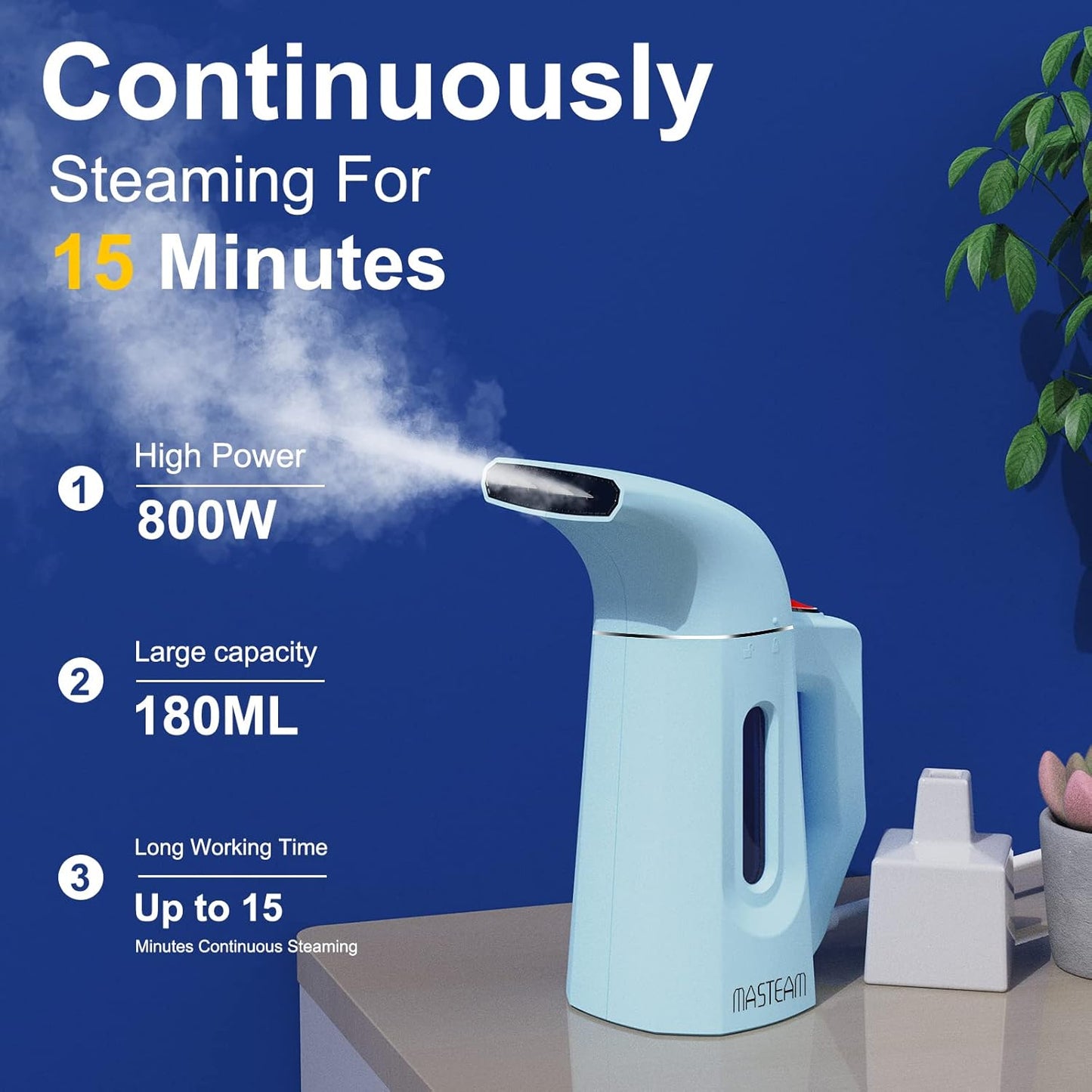 Skiennix Handheld Clothes Steamer - Fast Wrinkle Removal | Lightweight 1.5lbs, 800W, 8FT Cord, Blue