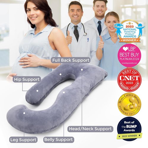 Momcozy U-Shaped Pregnancy Pillow - Full Body Support for Back, Legs & Belly | 57-Inch Grey Maternity Pillow