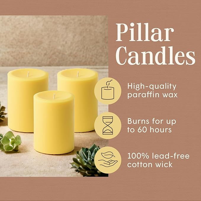 Mister Candle Dripless Unscented Pillar Candles, Set of 3 Hand Poured Solid Color Non-Scented Candles for Home Decor, Premium Wax, 60 Hr Burn Time - 3x4 Inch, Yellow